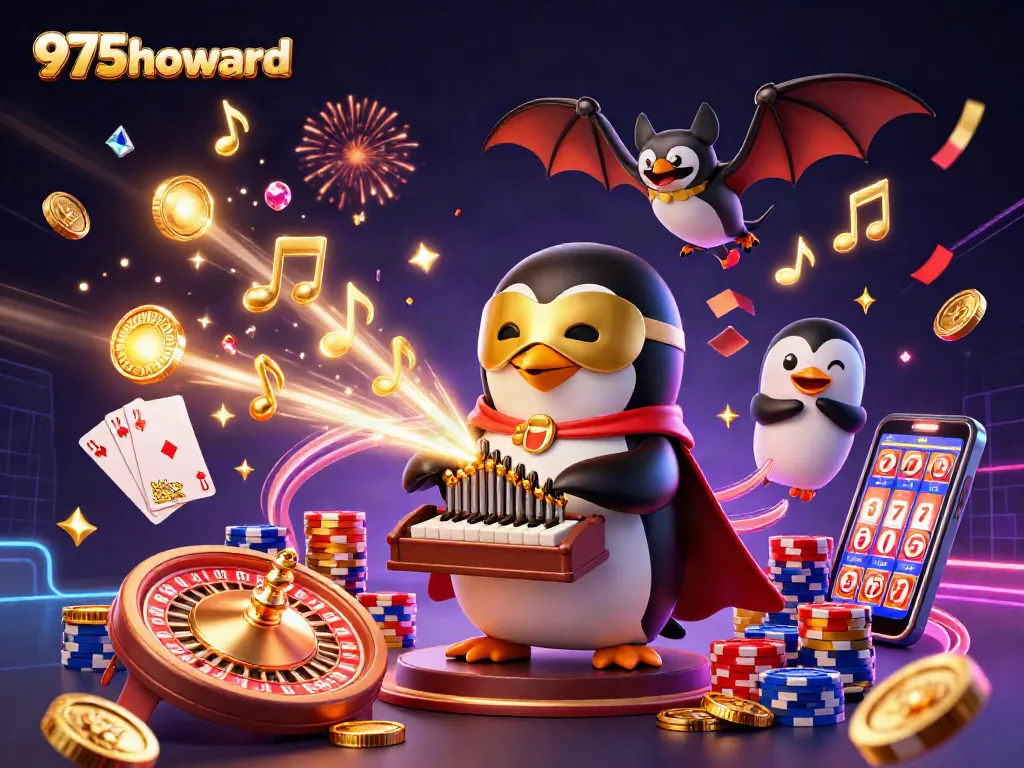 Engage in exhilarating gaming at 975howard with vibrant casino action portraying golden coins, roulette, and slot machines.