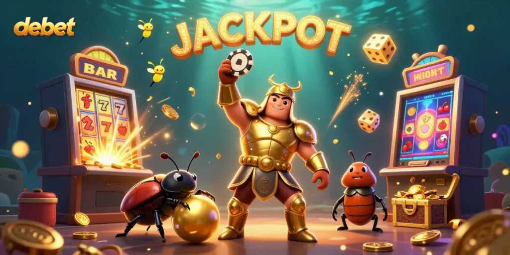 Join the exciting world of debet where a victorious beetle celebrates a poker win amidst a dazzling casino explosion.