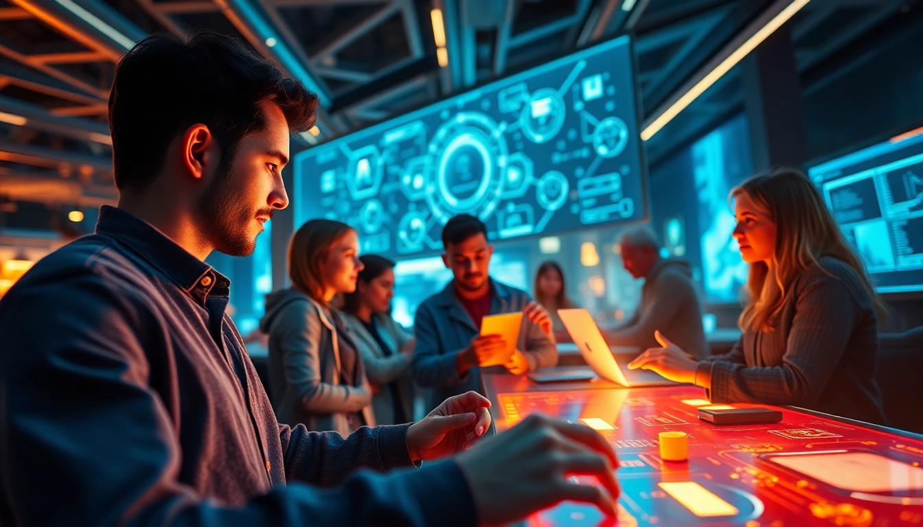 Dynamic scene of young adults utilizing AI tools for 18+ experiences in a modern tech hub.