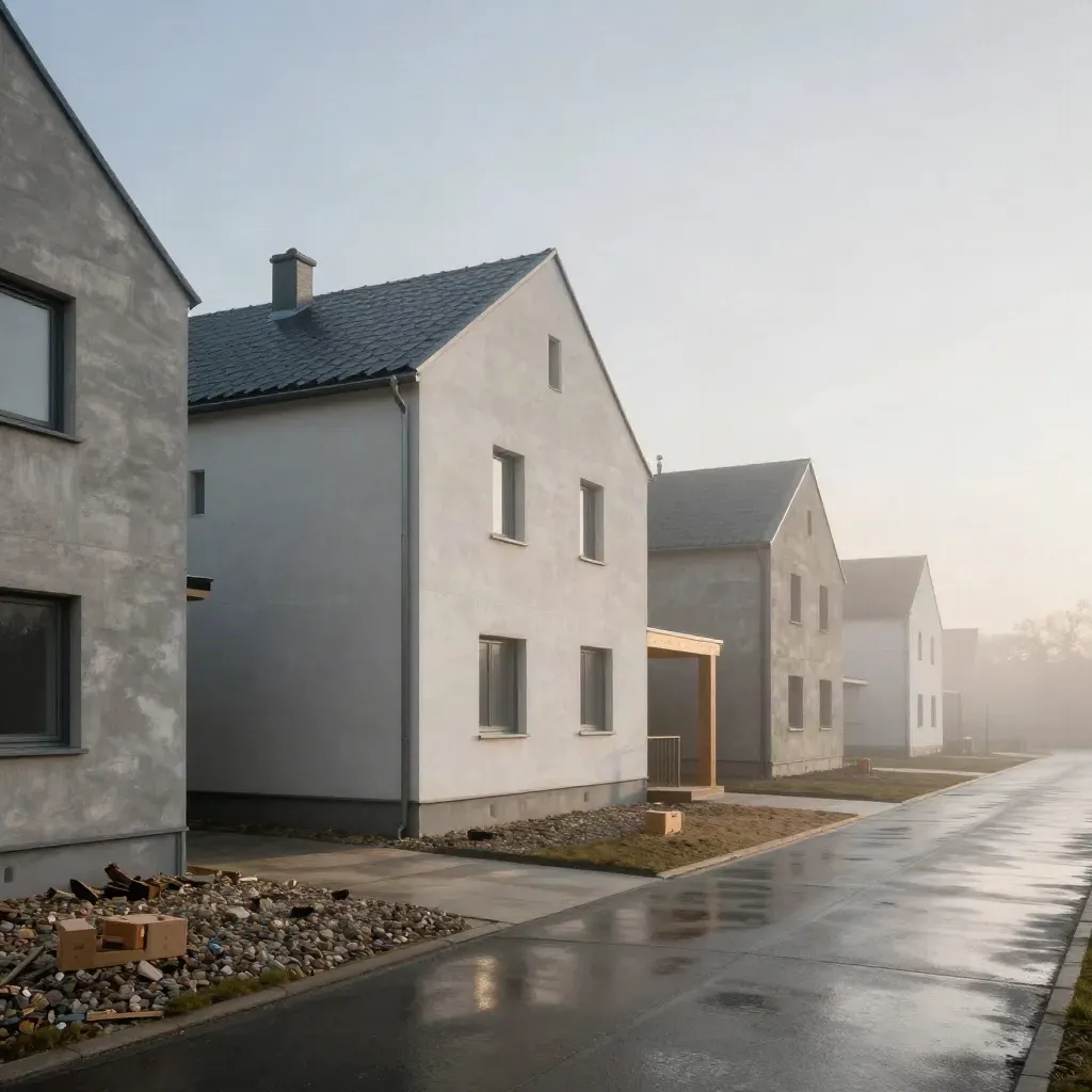 Frischer Hausrohbau im Morgennebel mit Ziegelpaletten und ruhiger Fläche rechts