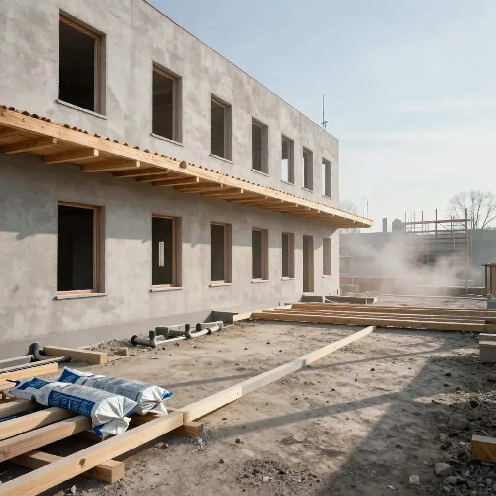 Halbfertiger Rohbau eines Wohnhauses mit Fensteröffnungen, Dachstuhl und Porenbeton im Hof.