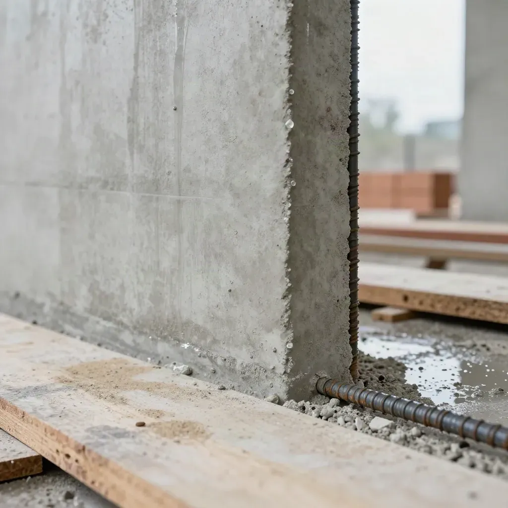 Frisch gegossene Betonwand mit Mauersteinen, Bewehrungsstahl und sauberem Sockelanschluss.