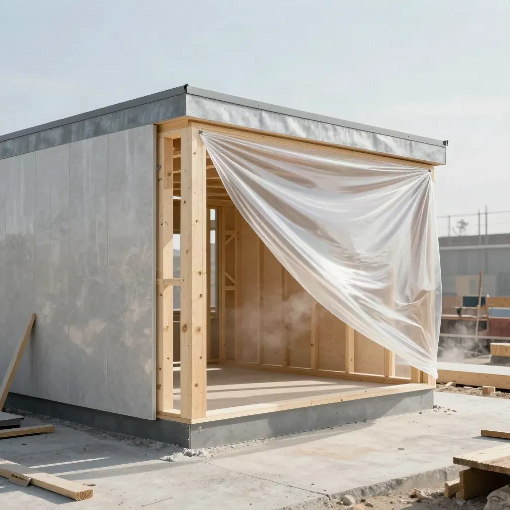 Holzanbaukubus mit flatternder Wetterschutzfolie auf einer Baustelle