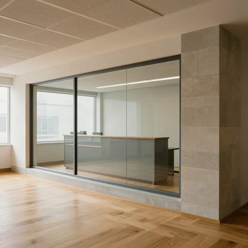 Heller Büroanbau mit Glasfront, Eichenboden und leerem Empfangsbereich.