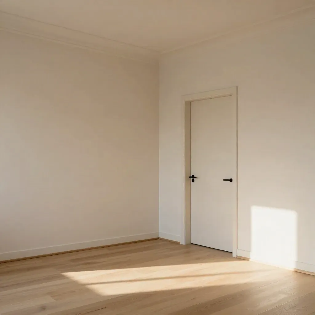 Fertig ausgebauter Wohnraum mit Trockenbau, Holzdielen und bündiger Tür