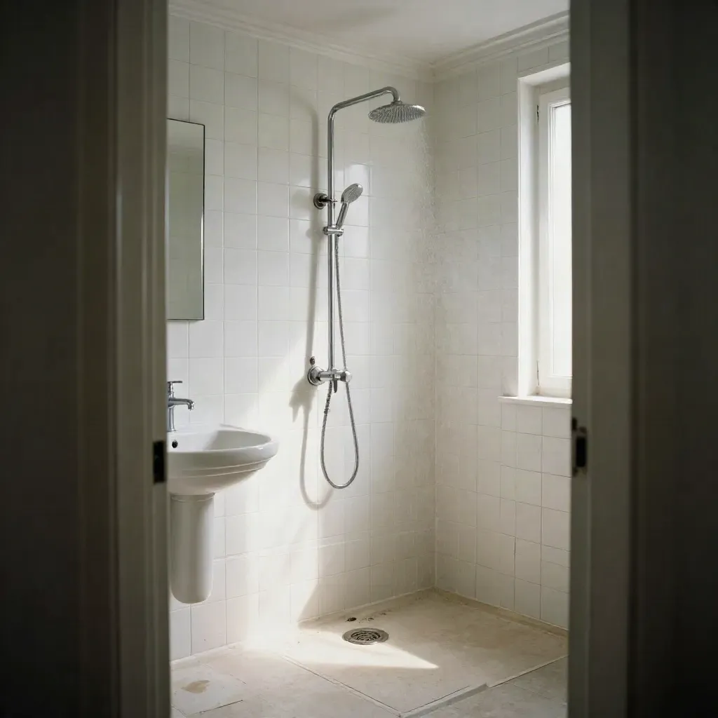 Renoviertes Altbau-Bad in Berlin mit neuen Armaturen, weißen Fliesen und sauberem Bodenablauf.