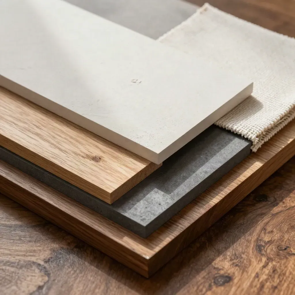 Materialmuster von Eichenfurnier, Putz, Graphit und Leinwand in einer flachen Ablage