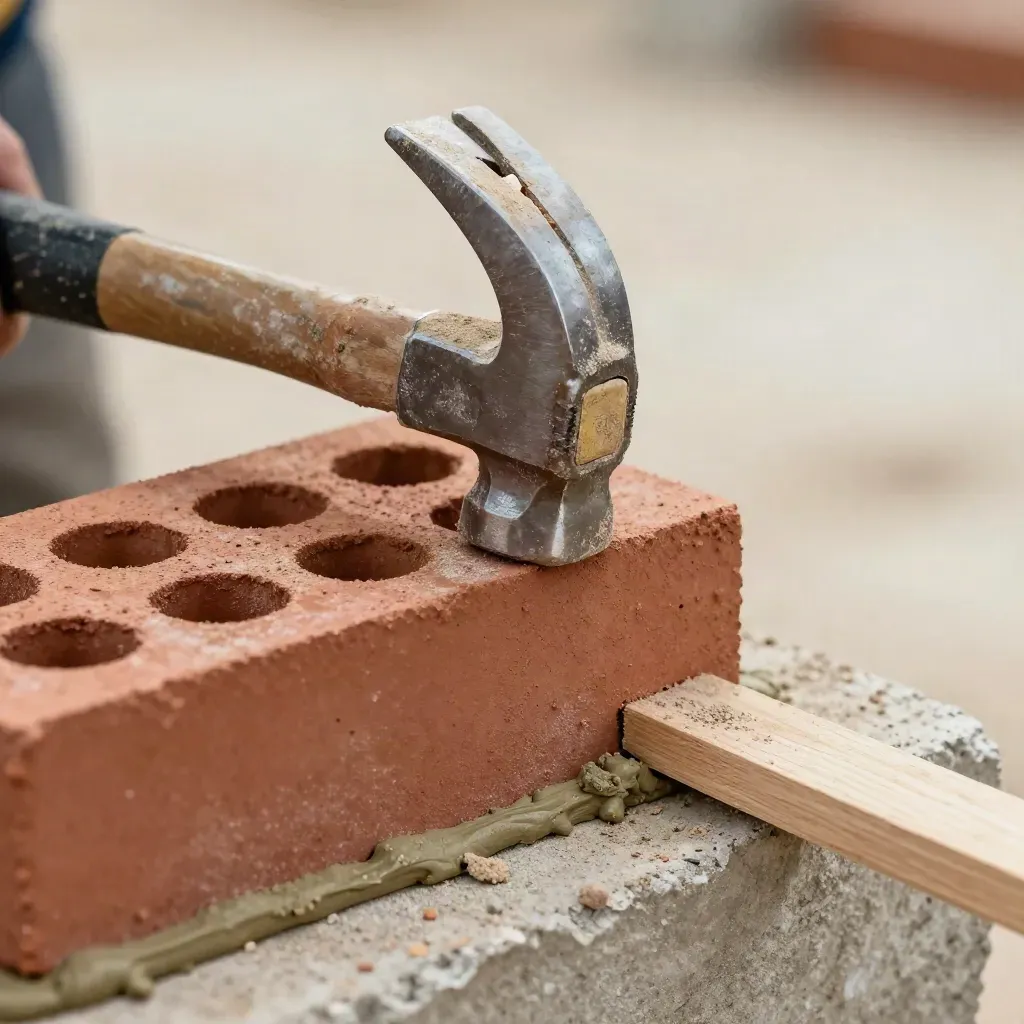 Maurerschnur, Ziegel, Hammer und Holzkeil auf rauem Untergrund mit Zementstaub.