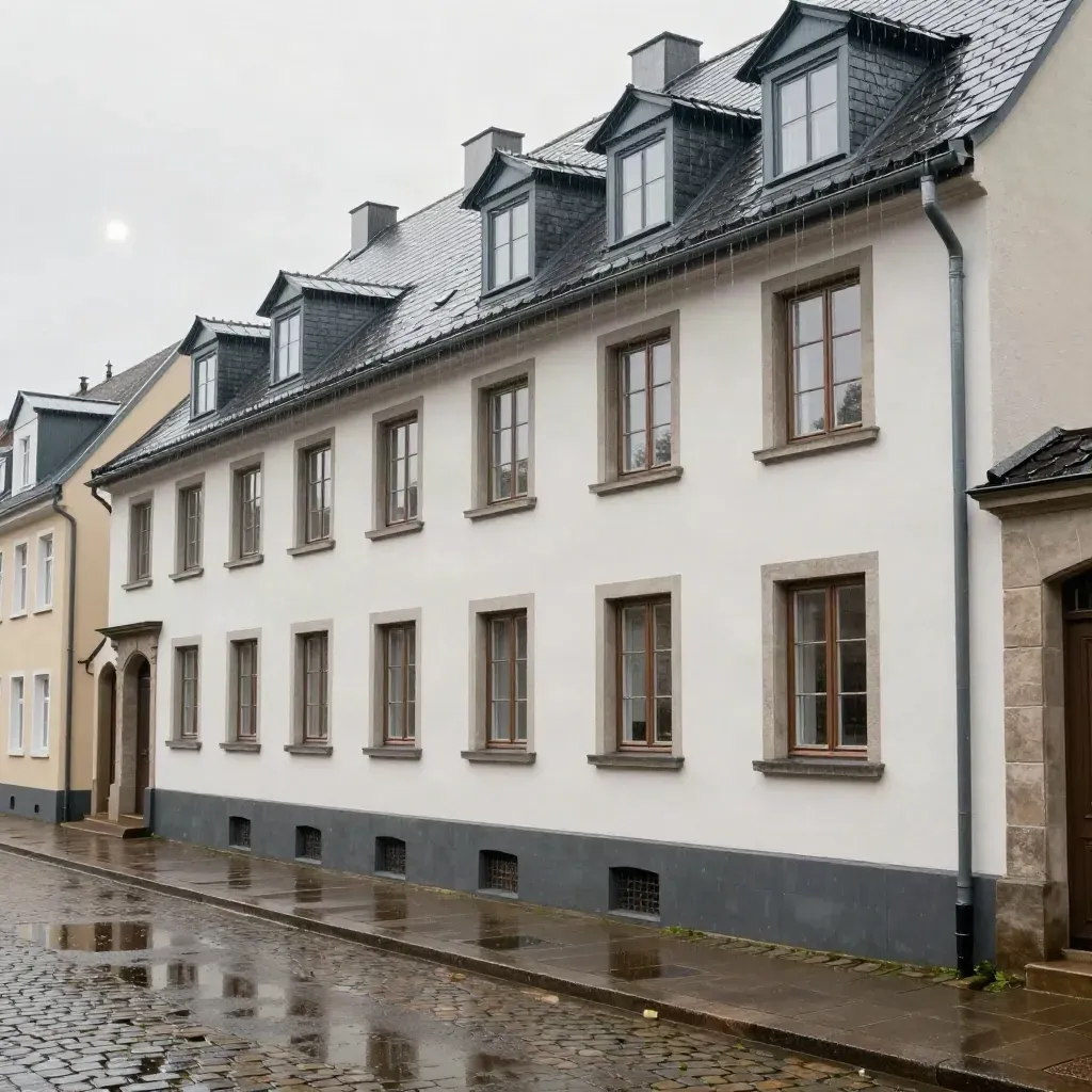 Nass glänzendes Reihenhaus mit neuem Dach und Fassade nach einem Regenschauer.