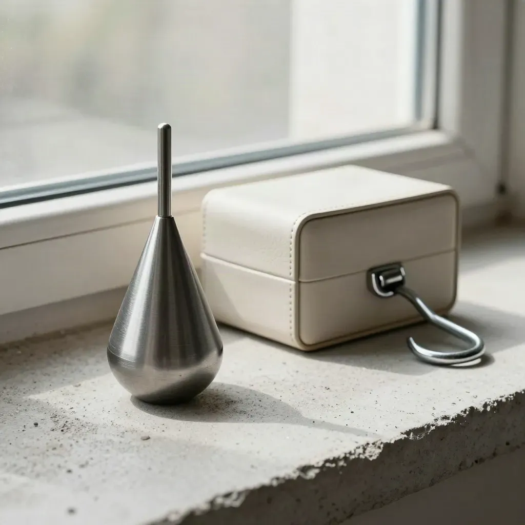 Plumbbob, Materialkoffer und Metallhaken auf staubigem Fensterbrett im weichen Seitenlicht.