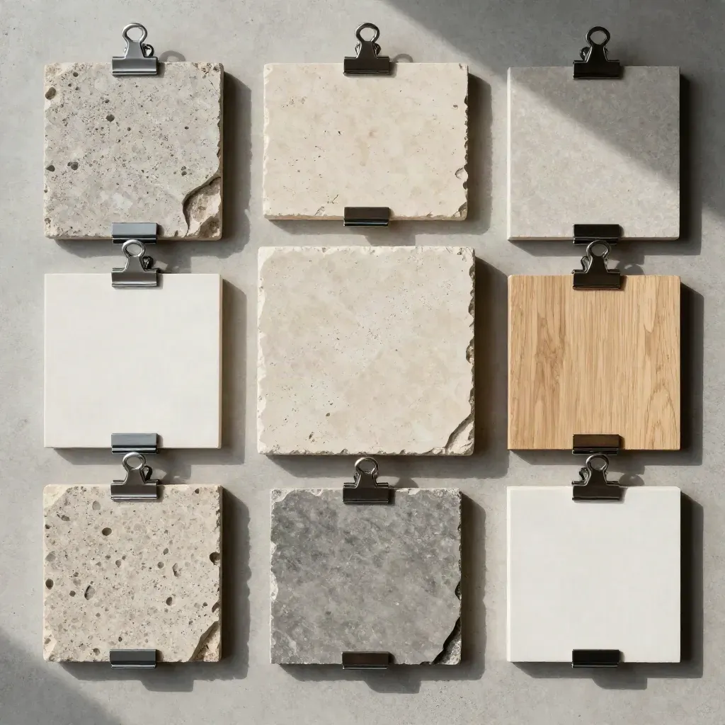 Materialmuster aus Stein, Putz und Holz mit Metallclips auf Beton, von oben fotografiert.