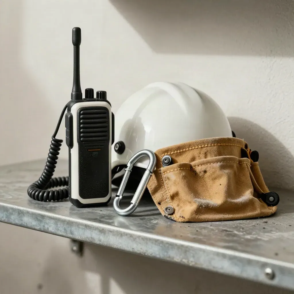Funkgerät, Helmlampe, Karabiner und Werkzeugholster auf einer hellen Stahlablage.