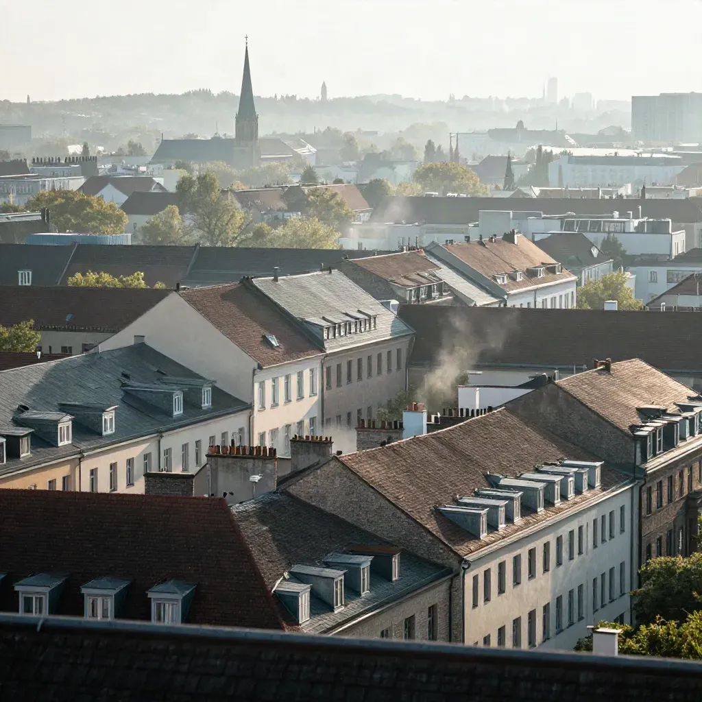 Berliner Dächer in Pankow im Morgennebel, Kirchtürme und Baumkronen hoch im Bild