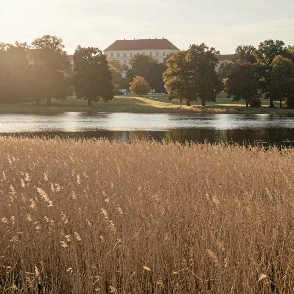 Potsdamer Havelufer im Goldlicht mit Schlossdach, ruhigem Wasser und weitem Parkrand.