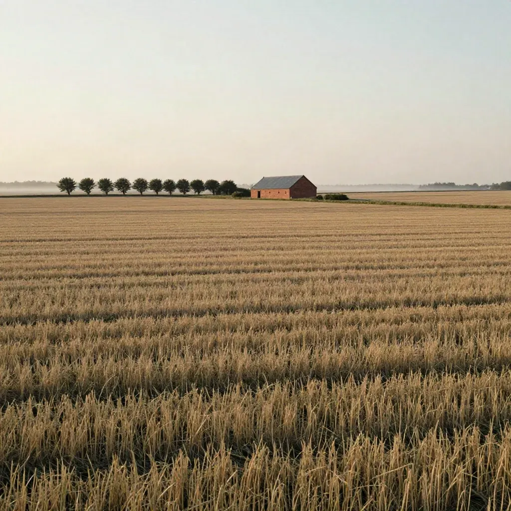 Weite Havelland-Felder mit Backsteinhof und Windschutzstreifen im warmen Abendlicht.