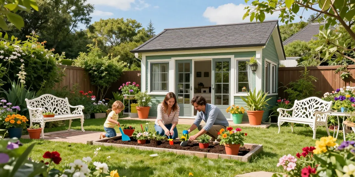 Ein Garten Haus umgeben von bunten Blumen und einer Familie, die im Garten arbeitet.