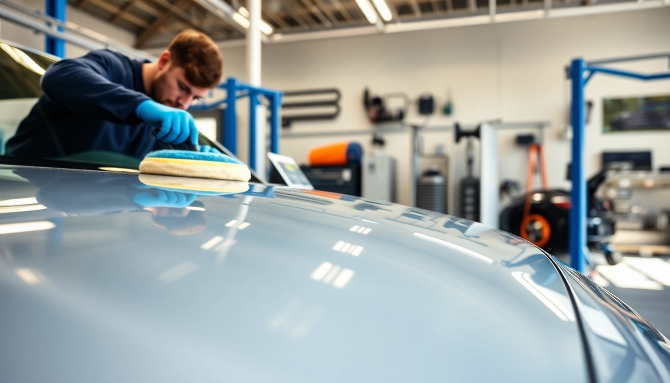 Leasinfahrzeug aufbereitung münchen, shining car being polished in a modern workshop.