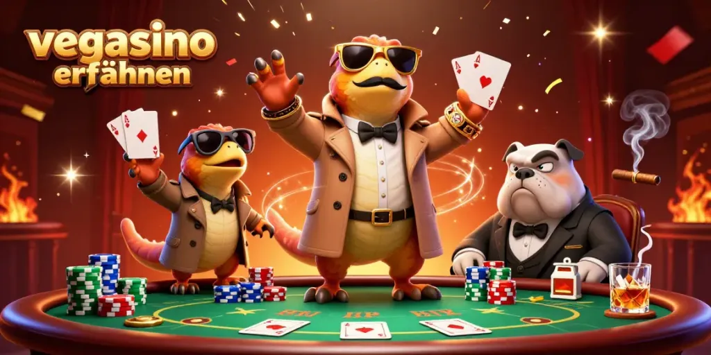 Experience vegasino erfahrungen through a vibrant casino scene with animated raptors and gameplay elements.