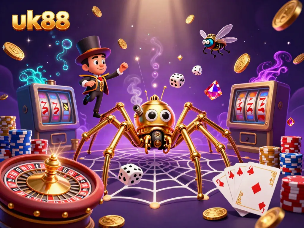 Engage with uk88’s exciting 3D casino adventure featuring golden spider traps and animated poker chips.