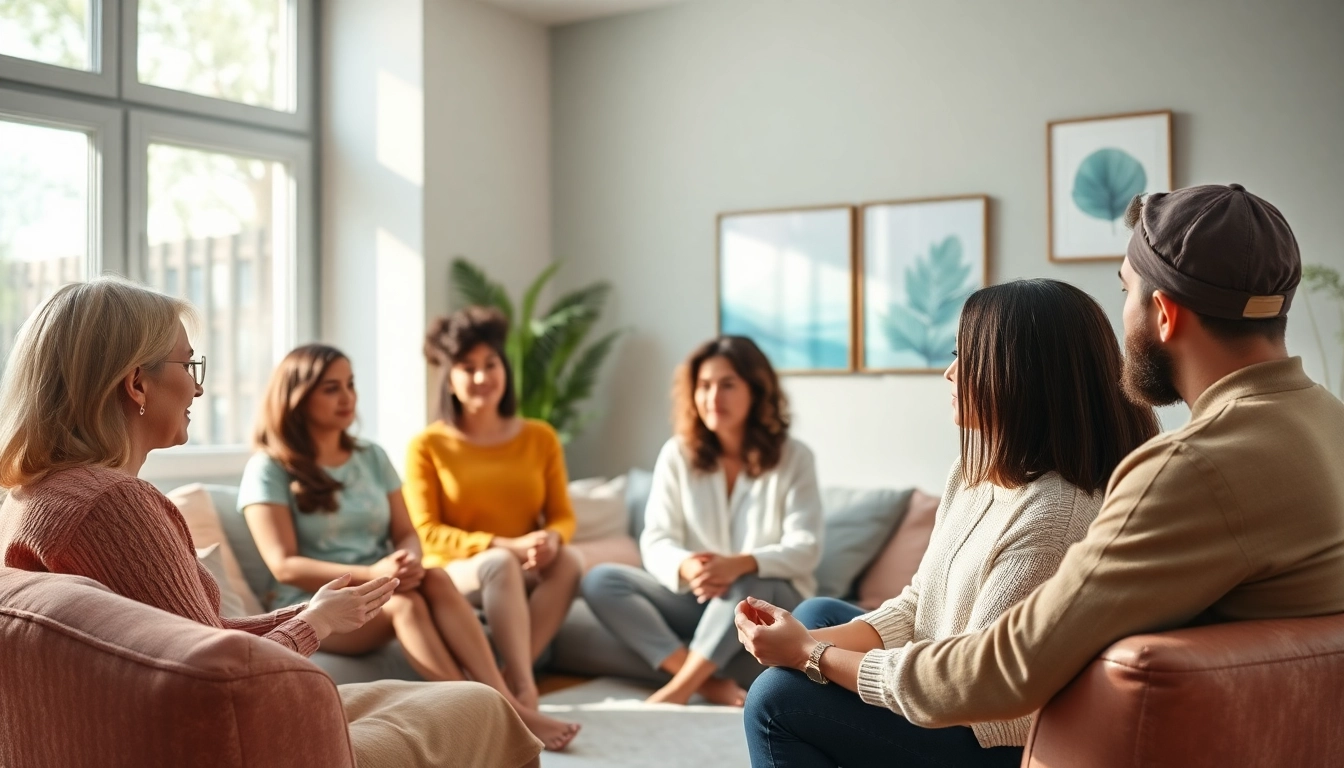 Engaged individuals in a group therapy setting promoting mental health awareness through meaningful discussions.