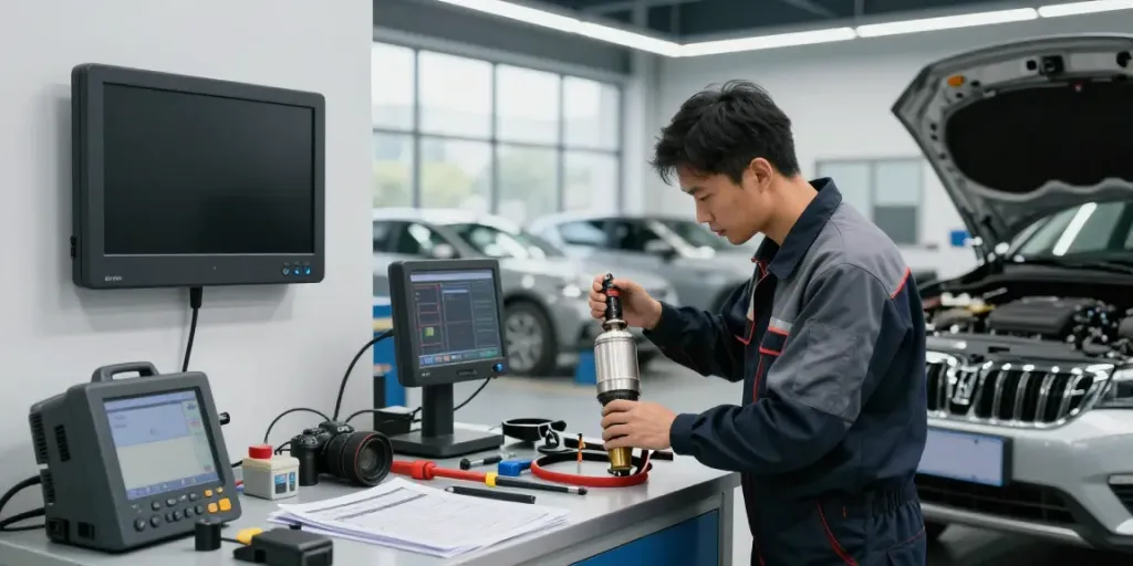 Techniker führt DPF-Regeneration an einem Dieselfahrzeug durch, um Abgase zu reinigen.
