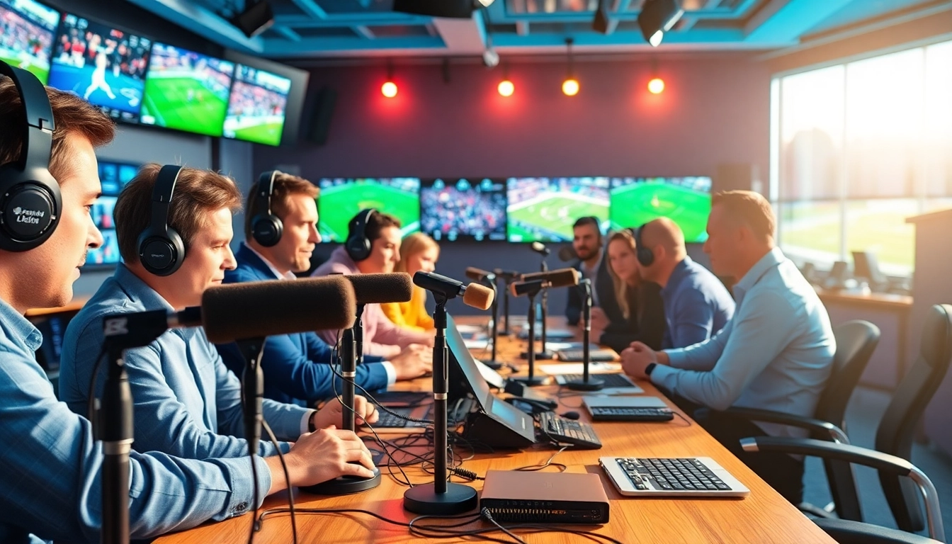 Dynamic scene of sports broadcasting professionals engaging in live commentary with high-tech equipment.
