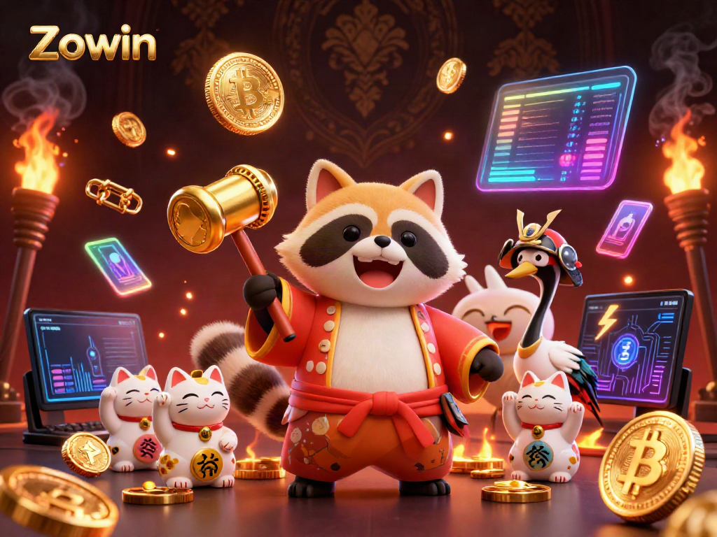 Zowin creates an exciting casino atmosphere with a cheerful tanuki and crypto elements ready for gameplay.