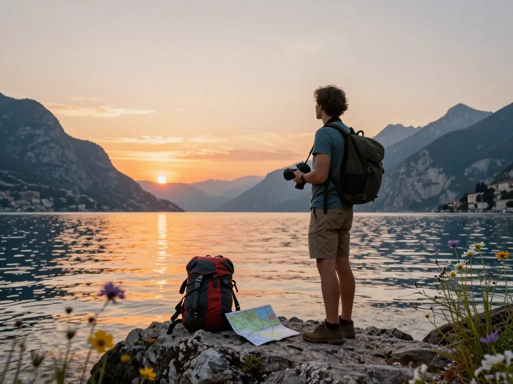 Gardasee Reisetipps: Reisender genießt die malerische Aussicht am Gardasee bei Sonnenuntergang.