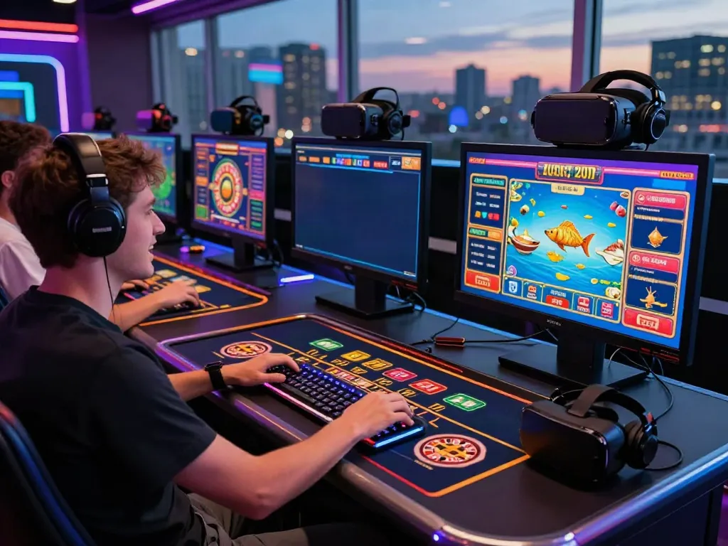 Engaged player at a vibrant gaming setup showcasing various casino games on screens at https://ta888.br.com/.