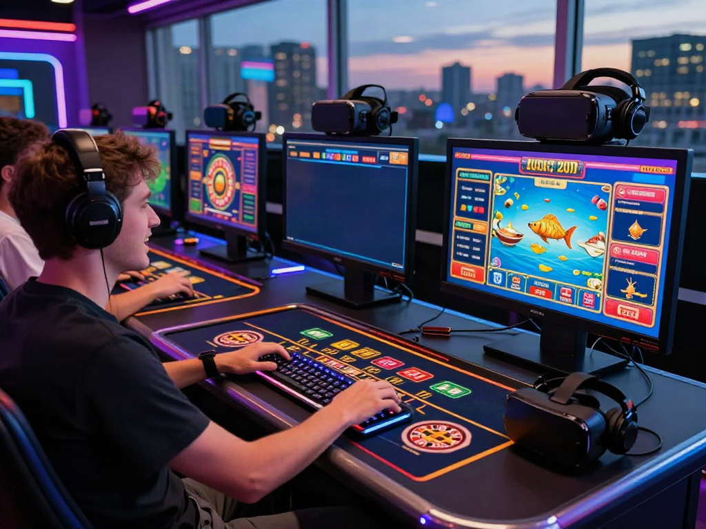 Engaged player at a vibrant gaming setup showcasing various casino games on screens at https://ta888.br.com/.