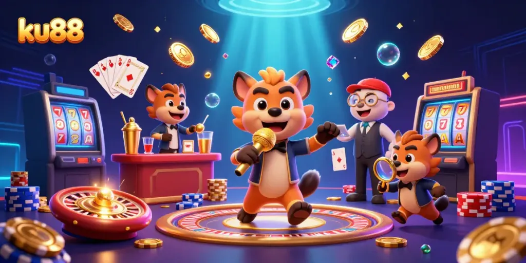 Experience the excitement at ku88 with a vibrant casino scene featuring lively hyenas engaging in comedy and gaming.