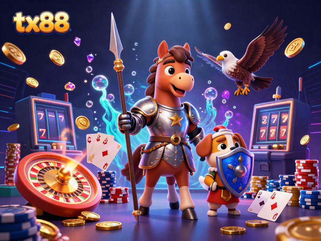 Engage with tx88's exhilarating online gaming scene featuring knights and action-packed casino elements.