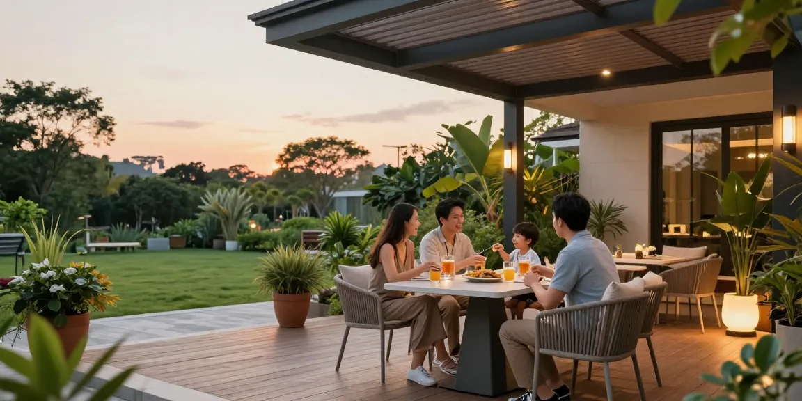 Familie unter einer Terrassenüberdachung genießt gemütliche Zeit im Garten.