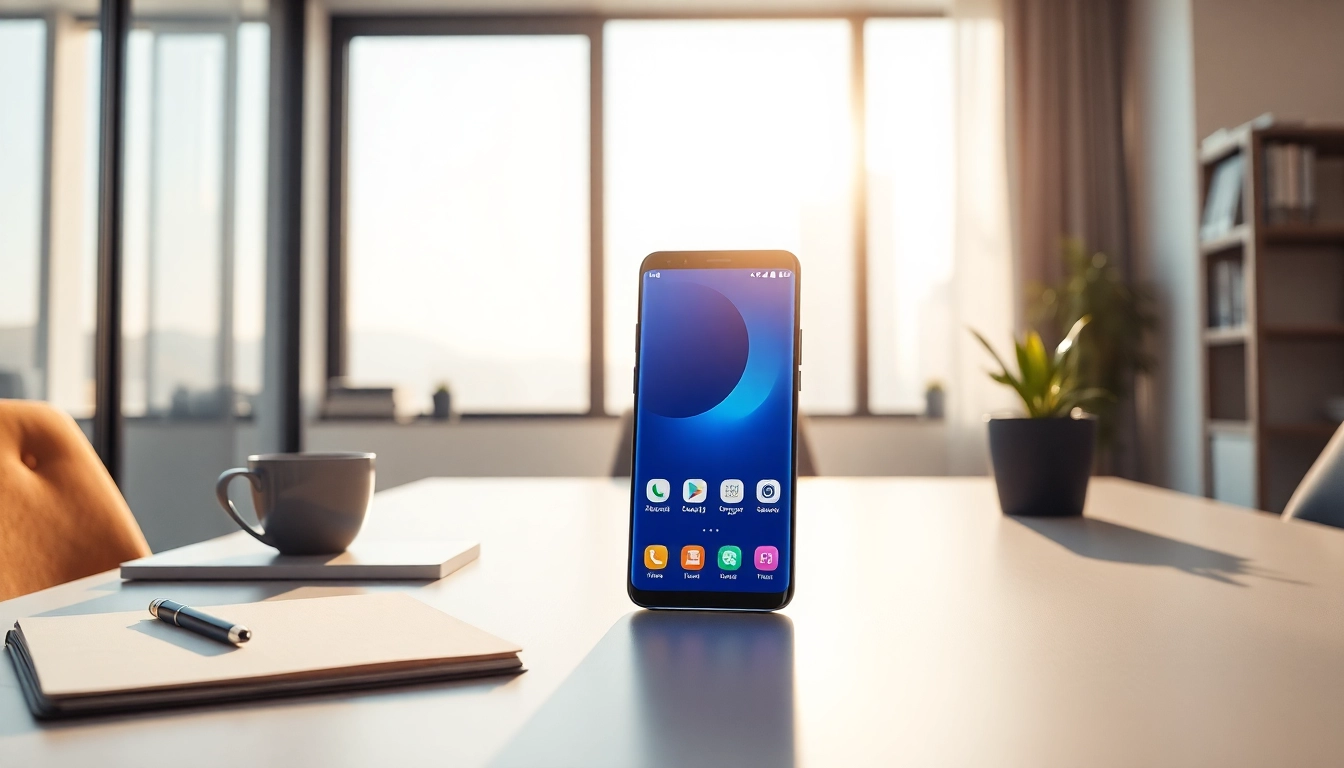Samsung Galaxy S8 smartphone displayed on modern desk, highlighting its edge-to-edge screen and vibrant apps.