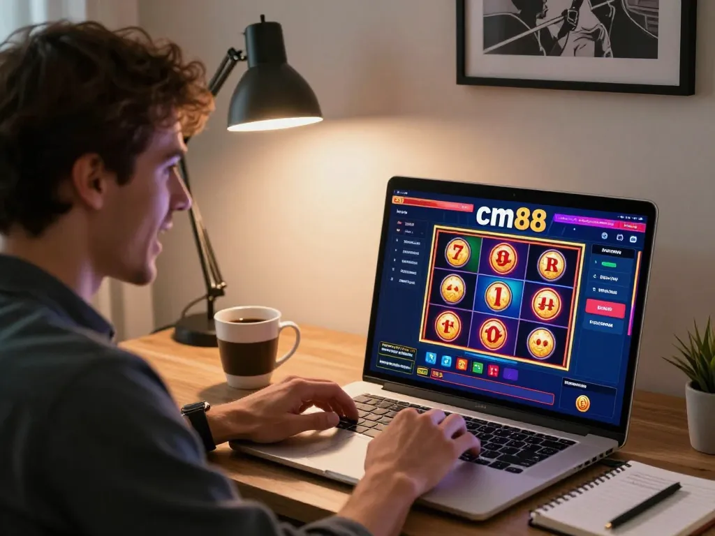 Player enjoying cm88 online casino gaming from a stylish home office with laptop and strategy notes.