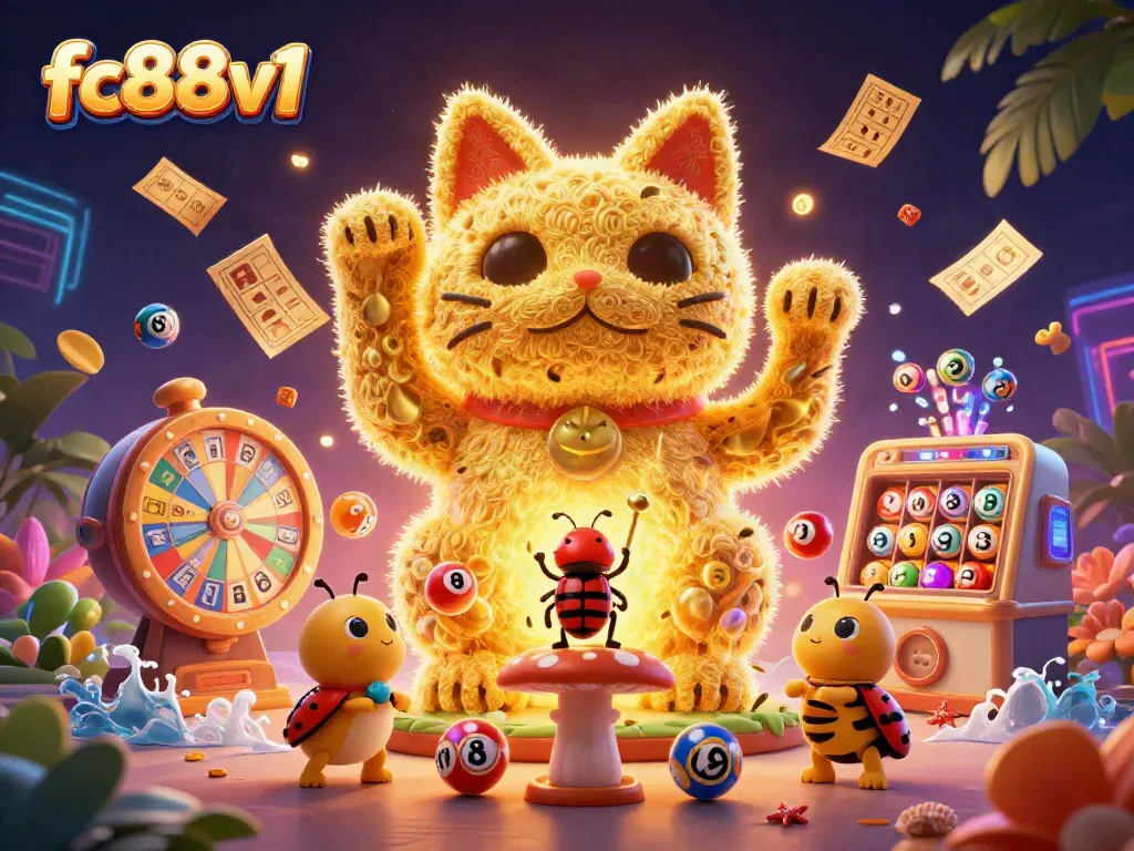 Experience exciting gaming fun with the vibrant fc88v1 lucky cat surrounded by colorful lottery elements.