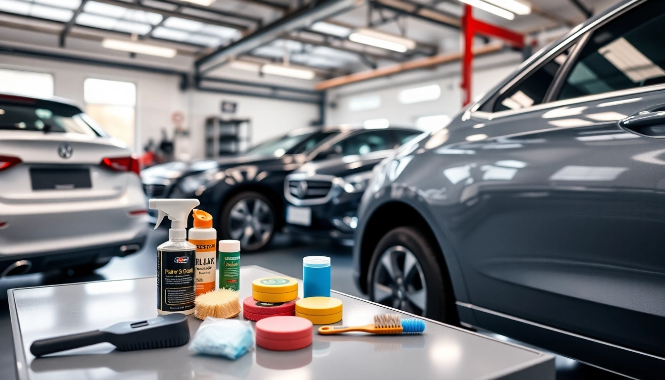 Autopflege Shop mit glänzendem Fahrzeug und professionellen Reinigungswerkzeugen im Einsatz.