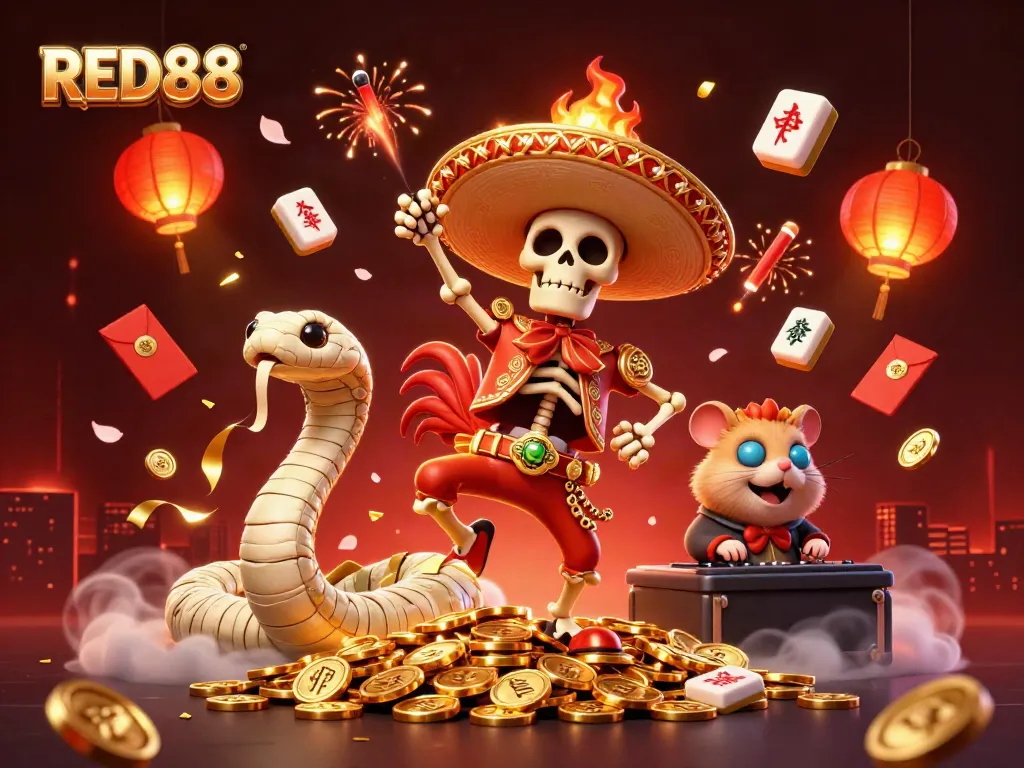 Experience the vibrant action of RED88 with a dynamic scene featuring festive characters celebrating on golden coins.