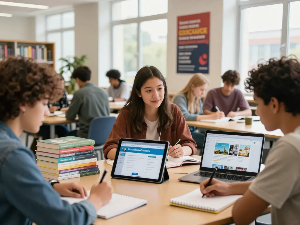 Diverse Studierende nutzen einen Hausaufgaben-Scanner in einer hellen Bibliotheksstudienumgebung