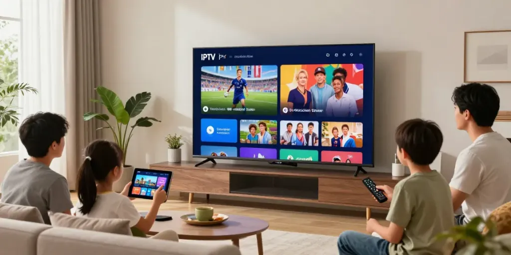 A family watching IPTV deutsche Sender in a cozy living room with modern decor.