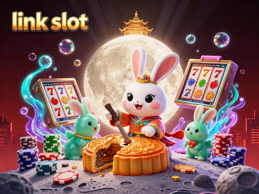 Engaging scene of link slot action with a moon rabbit and slot reels bursting with excitement.