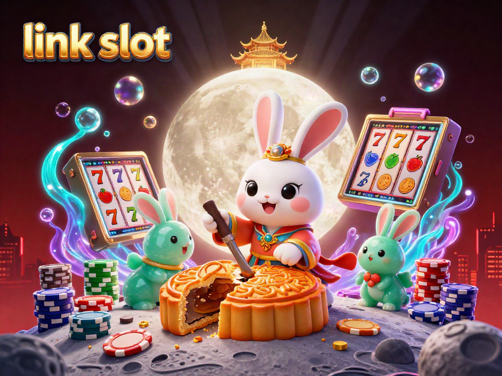 Engaging scene of link slot action with a moon rabbit and slot reels bursting with excitement.
