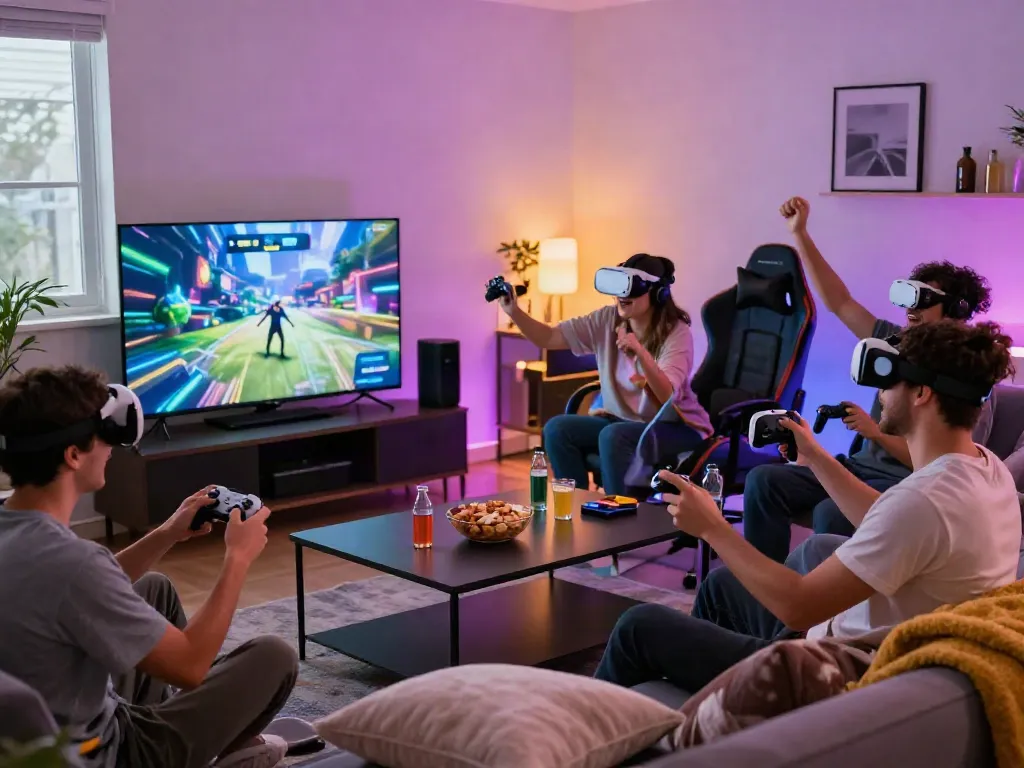 Diverse group enjoying an engaging gaming session with iwin games in a cozy living room.