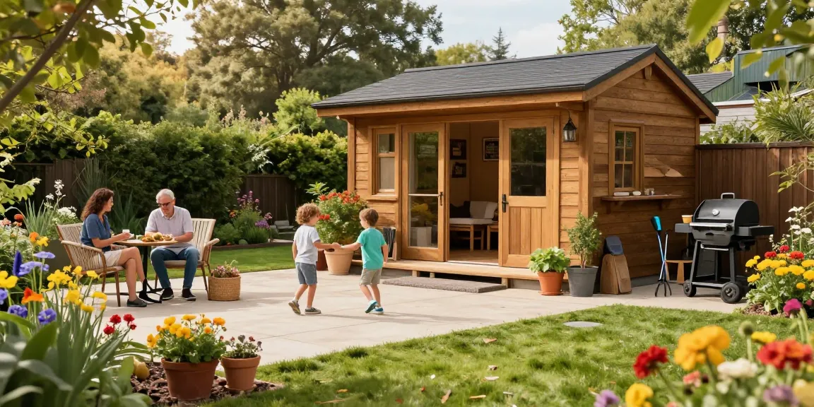 Gartenhaus kaufen: Hochwertiges Holz-Gartenhaus in einem lebhaften, blühenden Garten mit einer Familie, die das Außenleben genießt.