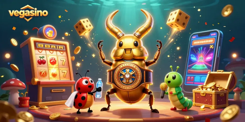 Experience thrilling gaming action at Vegasino with a dynamic scene of 3D characters and casino symbols.