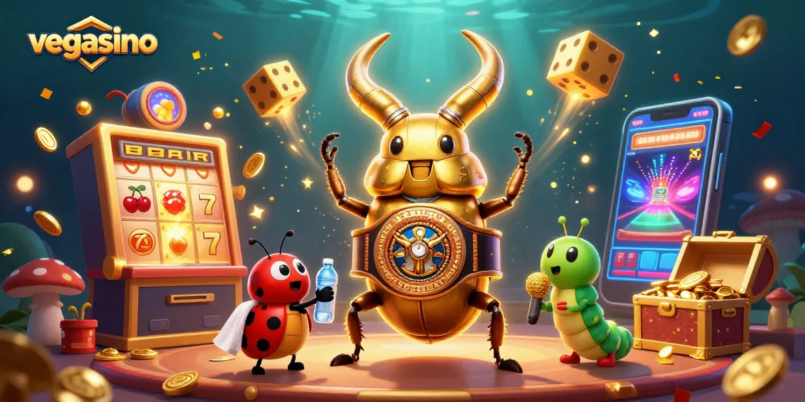 Experience thrilling gaming action at Vegasino with a dynamic scene of 3D characters and casino symbols.