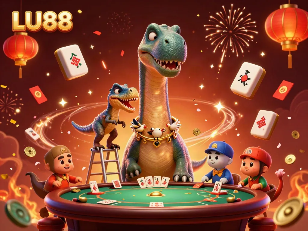 Engage with LU88 in a vibrant casino scene featuring a cartoon brontosaurus, raptor, and festive decor.