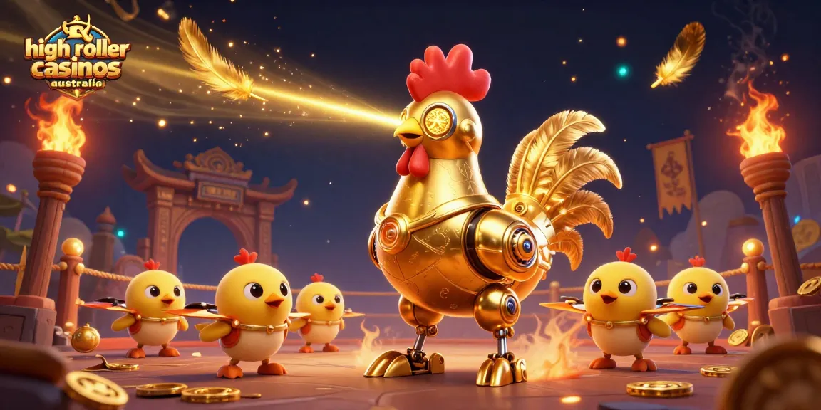 Experience high roller casinos Australia with exciting games in a dynamic 3D scene featuring a golden rooster robot.