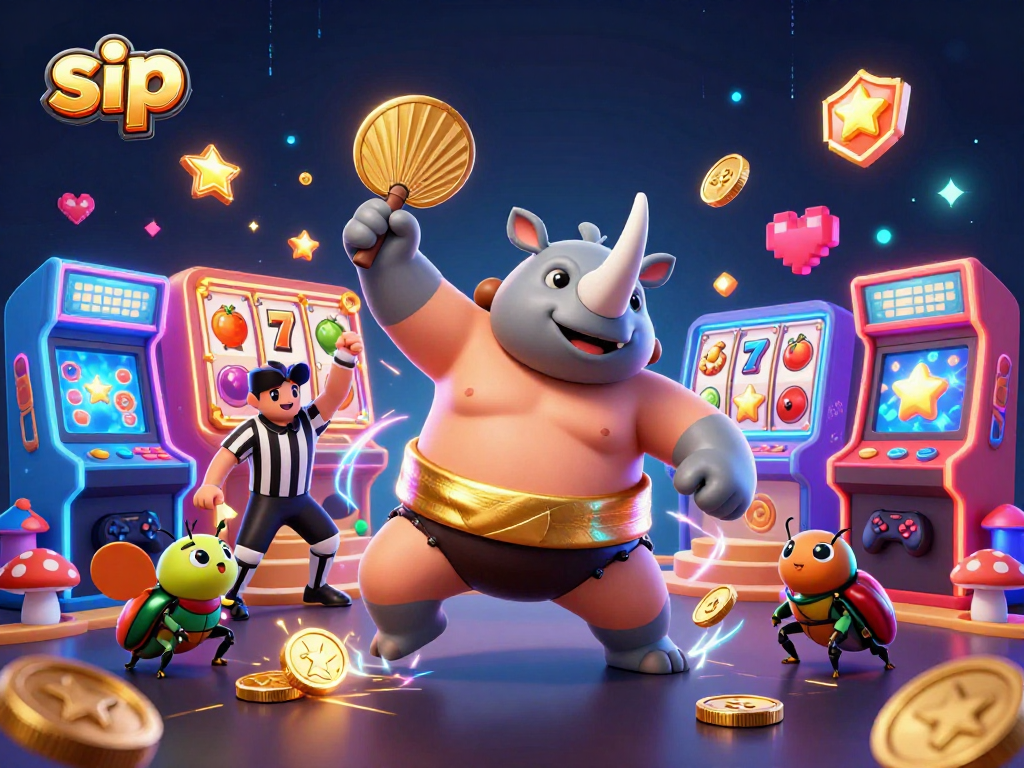 Join the sip action with a rhinoceros beetle champion in a vibrant 3D casino setting!