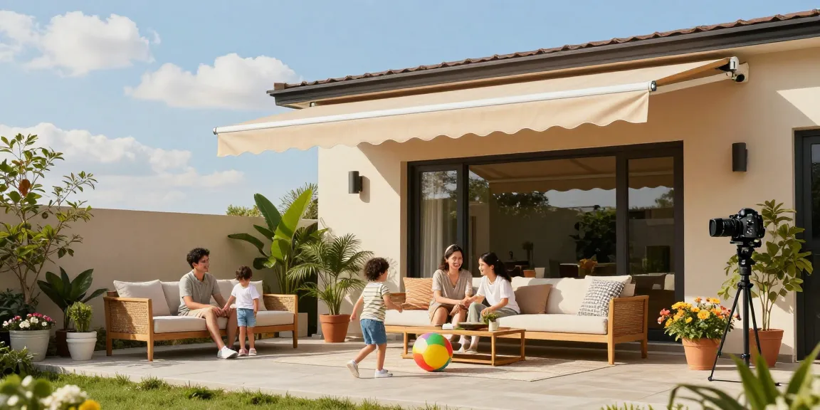 Moderne Terrassenüberdachung mit Familie, die einen sonnigen Tag im Garten genießt.